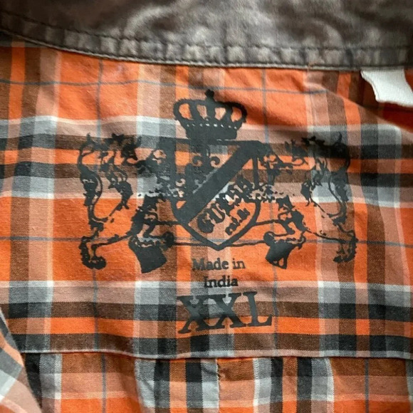 Guess Button front shirt casual plaid orange gray snap buttons short sleeve XXL - Picture 3 of 9